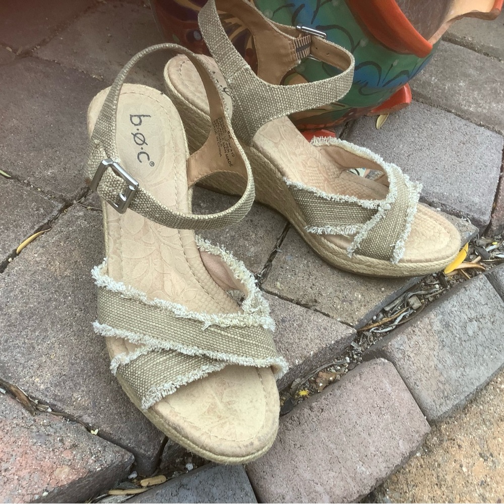 b.o.c. Tan Frayed Espadrille Wedge Sandals